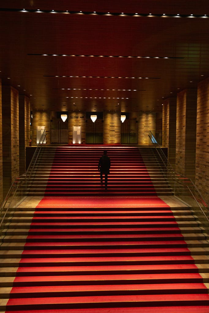 A person standing on a grand red carpet staircase inside an illuminated hall.